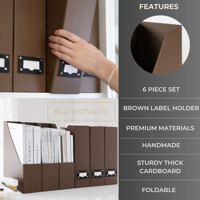 BLU MONACO | Cardboard Magazine File Holder Set of 6 | Vertical Magazine File Holder with Leather Label Slots | Standing File Holder and Cardboard Bins for Shelves Desk Office - Image 5